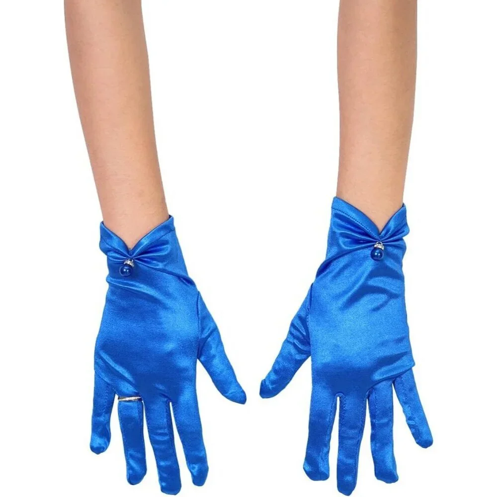 Women's Evening Blue-Satin Tulle Short Lace Gloves Wrist Wedding Bridal Party